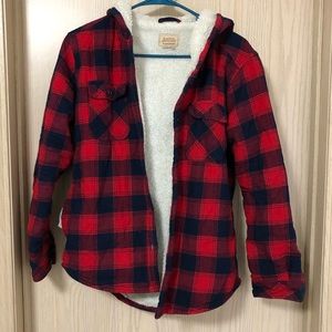 Plaid Fuzzy Hooded Jacket, Size Small
